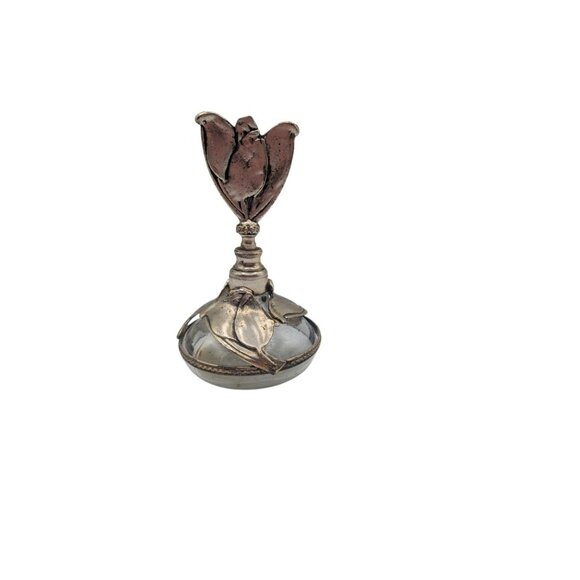 Vintage Silver-Plated Floral Tulip Perfume Bottle With Glass Dropper 6" Tall Ele - Picture 8 of 12